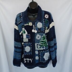 Tiara Frosty Christmas Snowman Sweater, Blue & White, Zip Large, 24"PTP
